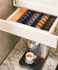 Your Go-To Coffee Capsule Drawer Organizer That Holds 36 Pods for Nespresso Vertuo Vertuoline Capsules in a kitchen drawer.