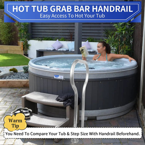 Dock Boarding Handrail Safety Grab Bar For Marina Boat Deck And Hot Tub Access 37.4 Inch High Iron Construction Sturdy Grab Rail For Dock Deck Boat And Marina With Easy Boarding And Reliable Stability next to a hot tub