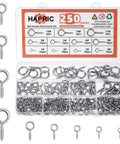 Heavy Duty Eye Hook Screws 0.75 To 1.75 Inches 250 Pcs Nickel Plated Screw Eyes Assortment in storage case with 9 sizes visible