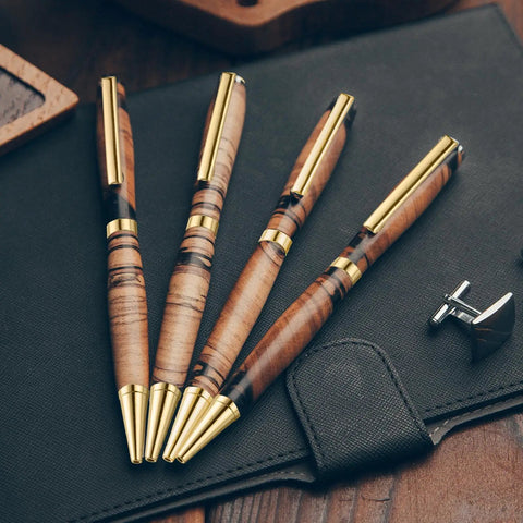 Ten Slimline Pen Kit Sets For Wood Turning With Dope Gold Finish Refill Ready Lathe Tools displayed on table