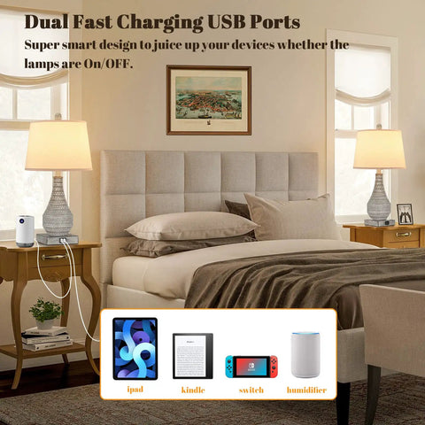 Two Rustic Vase Table Lamps For Bedroom And Living Room, Touch Activated Bedside Lamps With USB Ports, 3 Way Dimmable Nightstand Lighting, Includes 2700K Edison Bulbs, Cozy Modern Farmhouse Vibe