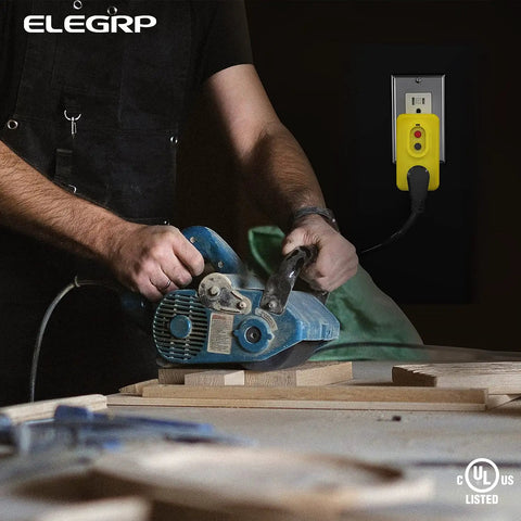 Manual Reset GFCI Outlet Adapter For Indoor Use, 15 Amp Grounded 3-Prong Socket, UL Listed, Yellow, 1 Pack shown with power tool