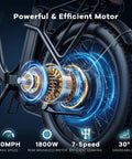 Close-up of Beast Electric Bike For Adults With 1800W Peak Motor, highlighting wheel and motor details, black frame and gears.