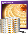 LED Strip Lights Warm White 3000K, 16.4ft High Density Tape Light With 600 LEDs package showing detail and 3M adhesive.