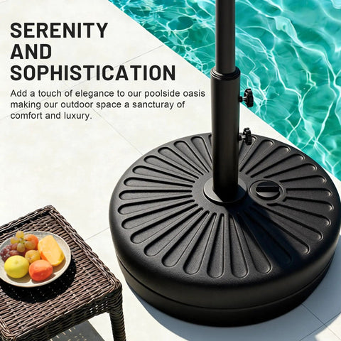 Beefed Up Heavy Duty Outdoor Umbrella Base For Market Umbrellas, 81.5 Lb Capacity Water Filled Base on patio with fruits