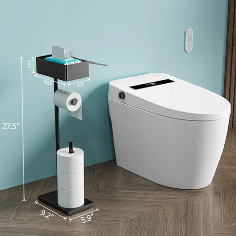 Free Standing Toilet Paper Holder With Storage Shelf Keeps Your Bathroom Neat And Tidy Holds Extra Toilet Paper Rolls Wet Wipes Feminine Products And Your Phone Or Coffee Cup In A Sleek Black Finish next to a modern toilet