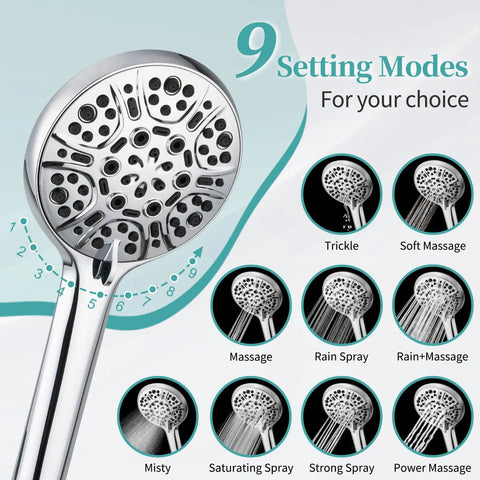 High Pressure Rain Shower Head With Handheld And 9 Settings, detailing the 9 spray modes including massage and rain spray.