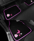 Universal Cloth Butterfly Car Seat Covers Full Set With Waterproof Floor Mats And Steering Wheel Cover Dope Flower Embroidered Design Black And Pink Interior Accessories Kit showing detailed floor mats with embroidered pink flowers and butterflies.