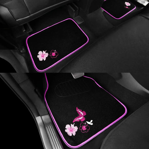 Universal Cloth Butterfly Car Seat Covers Full Set With Waterproof Floor Mats And Steering Wheel Cover Dope Flower Embroidered Design Black And Pink Interior Accessories Kit showing detailed floor mats with embroidered pink flowers and butterflies.