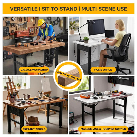 Adjustable 28-47 Inch Workbench Legs With Power Strip And Built Tough Heavy-Duty Metal Table Frame in various settings