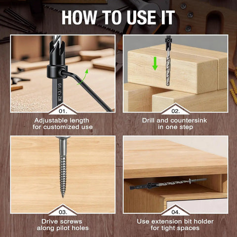 Five Piece Tapered Countersink Drill Bit Set For Wood With HSS And Quick Change Hex Shank Includes Pilot Hole And Countersink In One Step Adjustable Depth Stop Sizes Four Six Eight Ten Twelve in use demonstration image