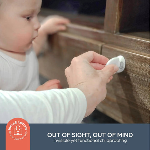 Parent using Hidden Adhesive Magnetic Cabinet Locks 2 Pack With 1 Key White Childproof Safety Latches for baby proofing cabinet