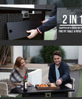 Propane Fire Pit Table 43 Inch Rectangle Outdoor Gas Fire Pit For Patio Balcony And Backyard 2 In 1 Dining Table And Fire Pit With Lava Rock And Table Lid, shown as a dining surface on a patio with people enjoying a meal.