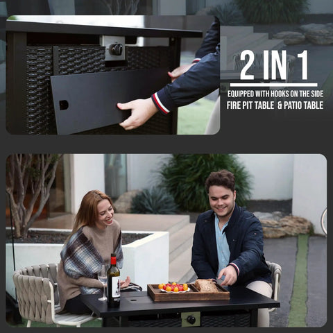 Propane Fire Pit Table 43 Inch Rectangle Outdoor Gas Fire Pit For Patio Balcony And Backyard 2 In 1 Dining Table And Fire Pit With Lava Rock And Table Lid, shown as a dining surface on a patio with people enjoying a meal.
