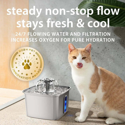 Award Winning Premium 304 Stainless Steel Cat Water Fountain 108 Oz 3.2 L with cat, medal, and flowing water