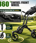 All Terrain Golf Push Cart With 360 Degree Front Wheels And Handbrake, Three Wheel Pull Cart With No Hassle OneClick Folding For Quick Setup, Easy Storage, Smooth Rides, And Reliable Stability On Any Course. 360° swivel front wheel with handle lock