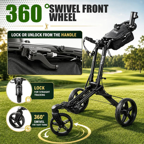 All Terrain Golf Push Cart With 360 Degree Front Wheels And Handbrake, Three Wheel Pull Cart With No Hassle OneClick Folding For Quick Setup, Easy Storage, Smooth Rides, And Reliable Stability On Any Course. 360° swivel front wheel with handle lock
