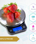 Digital Kitchen Scale For Precision Weighing, 13 Lb 6 Kg Capacity, Multifunction Food Scale In Clean Black Stainless Steel with strawberries