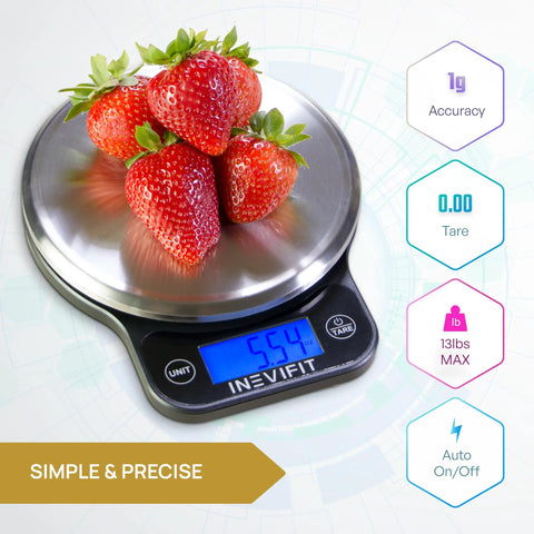 Digital Kitchen Scale For Precision Weighing, 13 Lb 6 Kg Capacity, Multifunction Food Scale In Clean Black Stainless Steel with strawberries