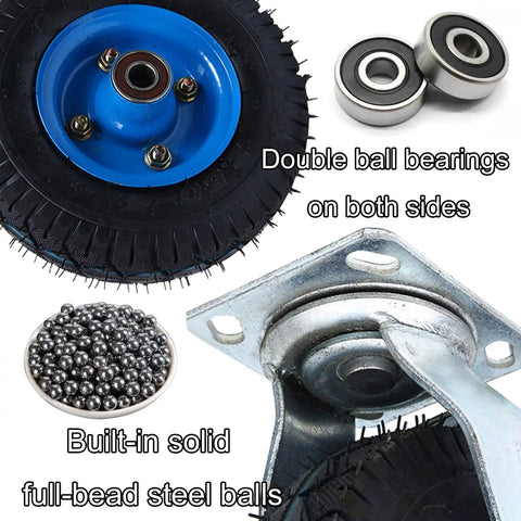 Heavy Duty Pneumatic Rubber Wheel Swivel Caster With Brakes Built Like A Tank For Smooth Industrial Glides And Heavy Lifting features double ball bearings and solid steel balls.