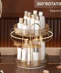 Kick Back And Organize Your Vanity Game With This Smooth Spin 360 Rotating Makeup Organizer featuring two tier high capacity storage for cosmetics skincare and perfume in classic amber gold with white bottles.
