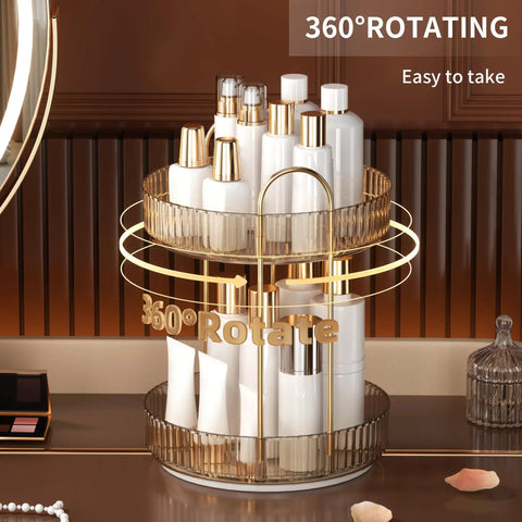 Kick Back And Organize Your Vanity Game With This Smooth Spin 360 Rotating Makeup Organizer featuring two tier high capacity storage for cosmetics skincare and perfume in classic amber gold with white bottles.