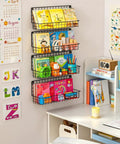 4 Pack Wall Mounted Metal Kids Bookshelf Floating Shelves For Nursery Toddler Room Straight Up Solid Wire Storage Rack in matte black with books and toys.