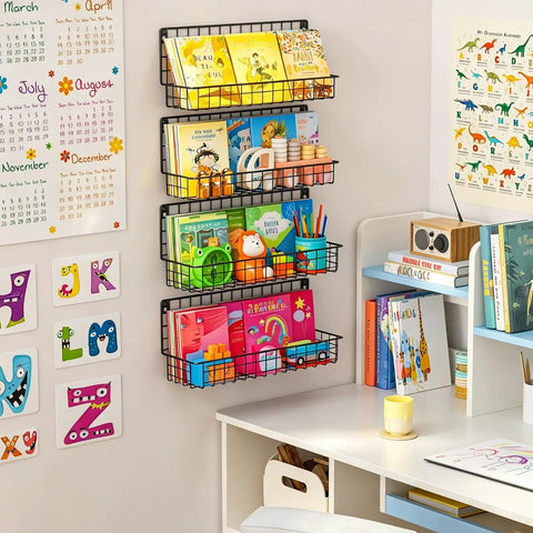 4 Pack Wall Mounted Metal Kids Bookshelf Floating Shelves For Nursery Toddler Room Straight Up Solid Wire Storage Rack in matte black with books and toys.