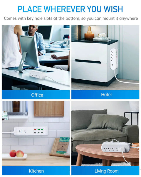 16-In-1 Power Strip With 10 Wide-Spacing Outlets, USB Ports in office, hotel, kitchen, living room settings