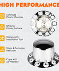 Chrome ABS 33 mm Thread On Dome Axle Cover Kit With Removable Hub Caps and Lug Nut Covers for Semi Trucks, durable and weather-resistant