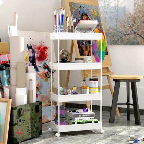 4 Tier Rolling Storage Cart Great For Tight Spaces On Wheels A Mobile Shelving Unit For Kitchen Bathroom Laundry Room Living Room Office Space Saver White, used for art supplies