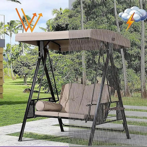 Beige Swing Canopy Replacement Top Cover For 2 To 3 Seater Porch Swing 84x48 Inches Waterproof shown on outdoor swing in rain