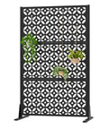 Outdoor Metal Privacy Screen Dope 72 Inch Tall by 46 Inch Wide Freestanding Decorative Fence Panel with plants hanging