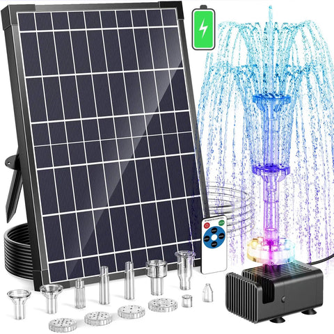 12W Solar Fountain Pump With Battery Backup And Remote RGB LED Lights Floating Solar Water Fountain With Eight Nozzles And PVC Tubing for Bird Bath Garden Backyard Outdoor Water Feature