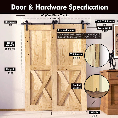 Black Rustic Single Track Bypass Barn Door Hardware Kit For Double Doors 36 Inch Wide By 84 Inch High With 6 Foot Flat Track And Straight Rollers Built Tough Heavy Duty Carbon Steel Frame With Nylon Wheels For Interior Use Only shown installed on wooden doors with overlay formula and specifications.