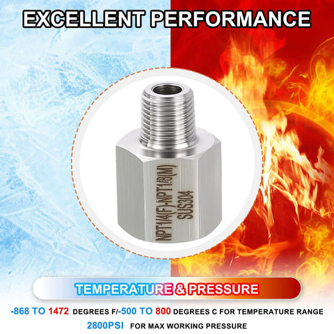 Two Pack 304 Stainless Steel Female To Male NPT Pipe Fittings with temperature and pressure ratings displayed.