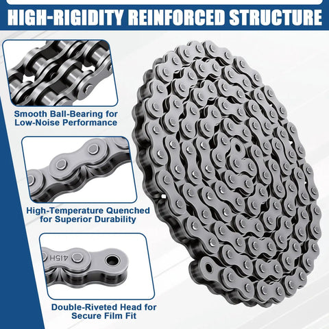 Close-up of Heavy Duty 415H Motorized Chain, 110L Universal Fit for dirt bikes, illustrating reinforced high-rigidity structure.
