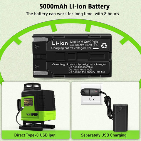 5000mAh Li-ion battery for Floor And Wall Green Laser Level With 16 Lines, 360 Degree Spin, Self Leveling Cross Hair, IE16R