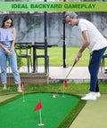 Man and woman playing on Heavy Duty 5x10ft Golf Putting Green Training Mat With Realistic Turf Arc Shaped Indoor Outdoor Putting Green