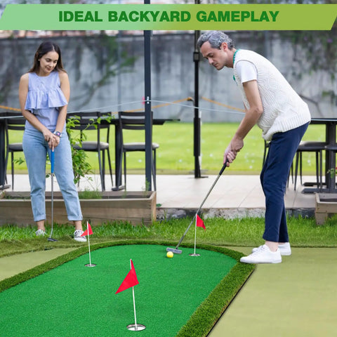 Man and woman playing on Heavy Duty 5x10ft Golf Putting Green Training Mat With Realistic Turf Arc Shaped Indoor Outdoor Putting Green