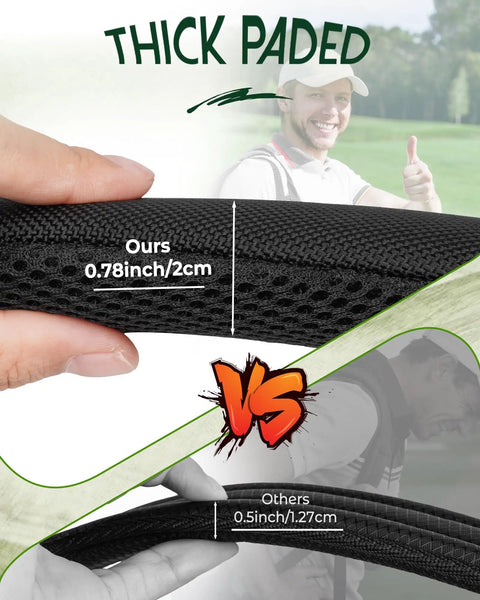 Premium Swivel Golf Bag Strap Replacement Dope Contoured Padding comparison, showing thickness of 0.78 inch vs others.
