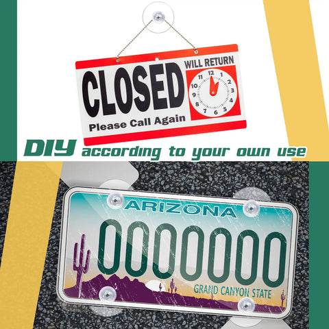 Image showing a closed sign and a DIY Arizona license plate, demonstrating versatility of suction mounts.