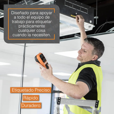 Worker using Entry Level Industrial Handheld Labeling Tool Kit For 12mm Labels Orange on a panel, showcasing ease of use.