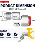 3 Pack Airless Spray Gun Swivel Joint 7/8 Inch Thread for Airless Sprayers, 180 Degree Swivel Adapter, Replacement 235486 Compatible With Graco Titan Wagner And More. Silver metal 7/8" swivel joint with 180° angle and dimensions shown