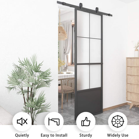 30 Inch By 84 Inch Frosted Tempered Glass Sliding Barn Door With Pre Drilled Carbon Steel Frame installed in modern room