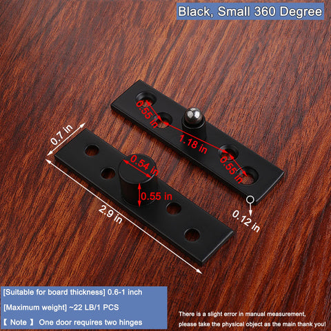 Two Pack 360 Degree Concealed Door Hinge Set In Black Stainless Steel Pivot Hinge shown on wooden surface with measurements.