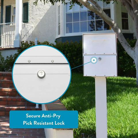 Oasis Classic Large High Security Parcel Mailbox For Outdoor Use with anti-pry lock feature near a suburban home