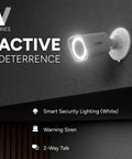 Image of a security camera part of an 8 Channel 4K NVR System With 4 PoE Bullet Cameras V3 Featuring Color Night Vision, 2 Way Talk, Deterrence Light, Motion Alerts, Local Storage, And A Simple Monitorless Setup For Easy DIY Installation mounted on a wall with active deterrence features displayed.