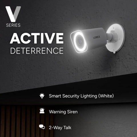 Image of a security camera part of an 8 Channel 4K NVR System With 4 PoE Bullet Cameras V3 Featuring Color Night Vision, 2 Way Talk, Deterrence Light, Motion Alerts, Local Storage, And A Simple Monitorless Setup For Easy DIY Installation mounted on a wall with active deterrence features displayed.