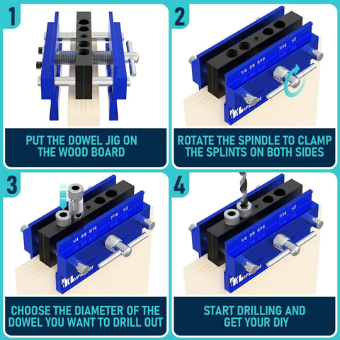 Instructional steps for using Self Centering Doweling Jig Kit For Straight Holes With Six Drill Guide Bushings Pro Grade Biscuit Joiner